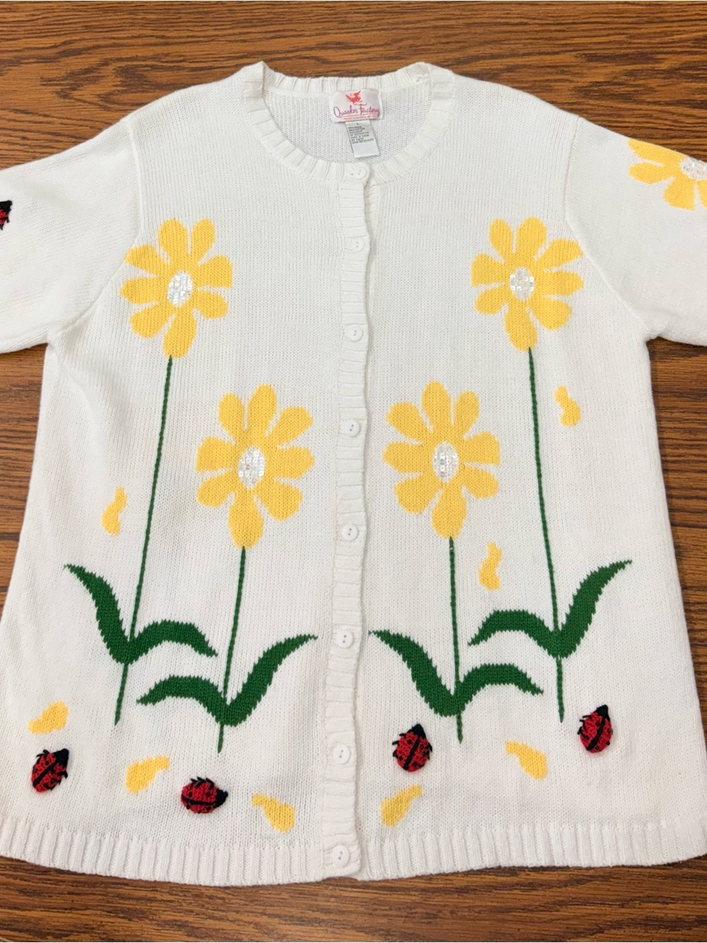 Quacker Factory White Cardigan with Yellow Flower and Red Ladybug Accents
